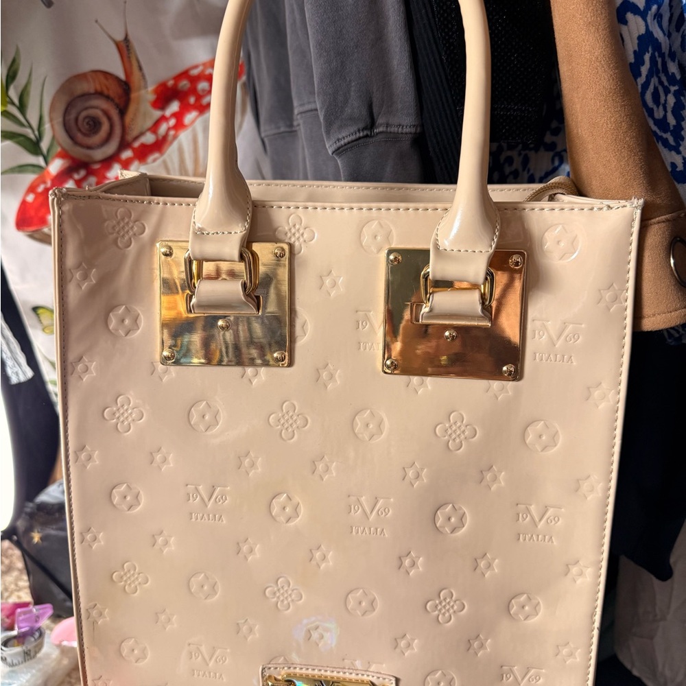 Versace Cream Patent Leather Tote with Gold Hardware